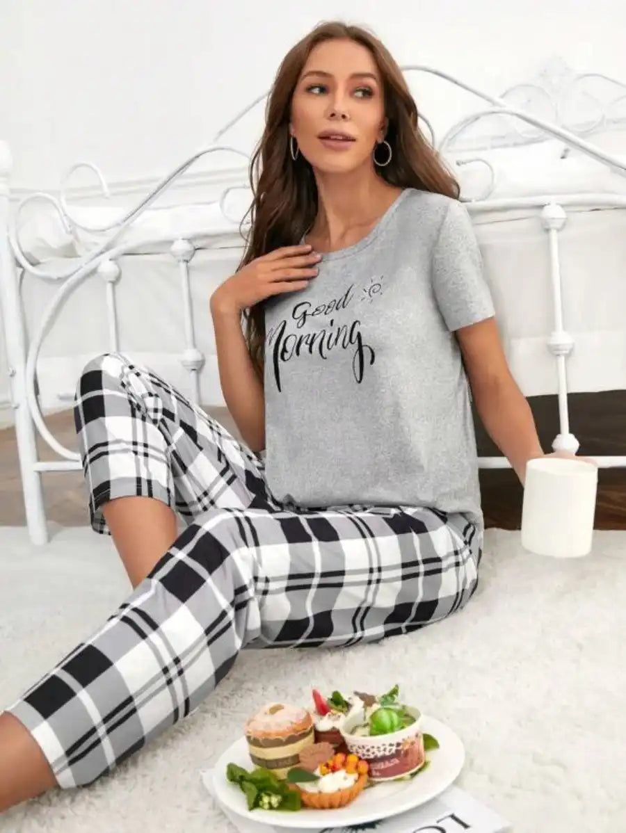 Graphic Tee And Plaid Print Pants Pajama Set-Soco Hoodie