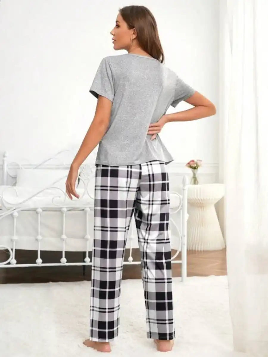 Graphic Tee And Plaid Print Pants Pajama Set-Soco Hoodie