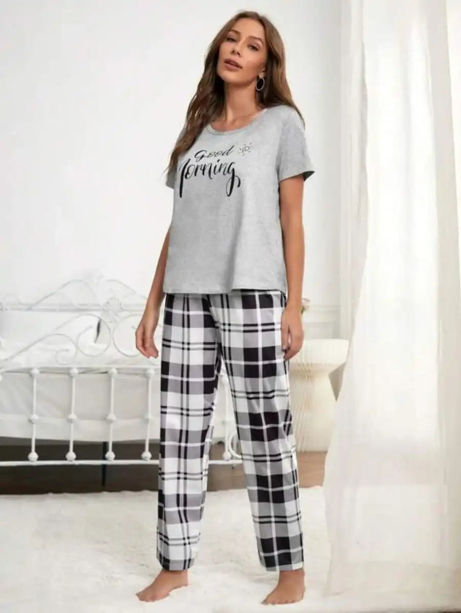 Graphic Tee And Plaid Print Pants Pajama Set-Soco Hoodie