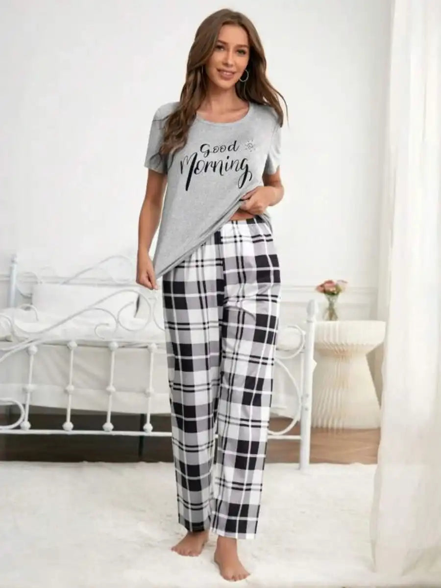 Graphic Tee And Plaid Print Pants Pajama Set-Soco Hoodie
