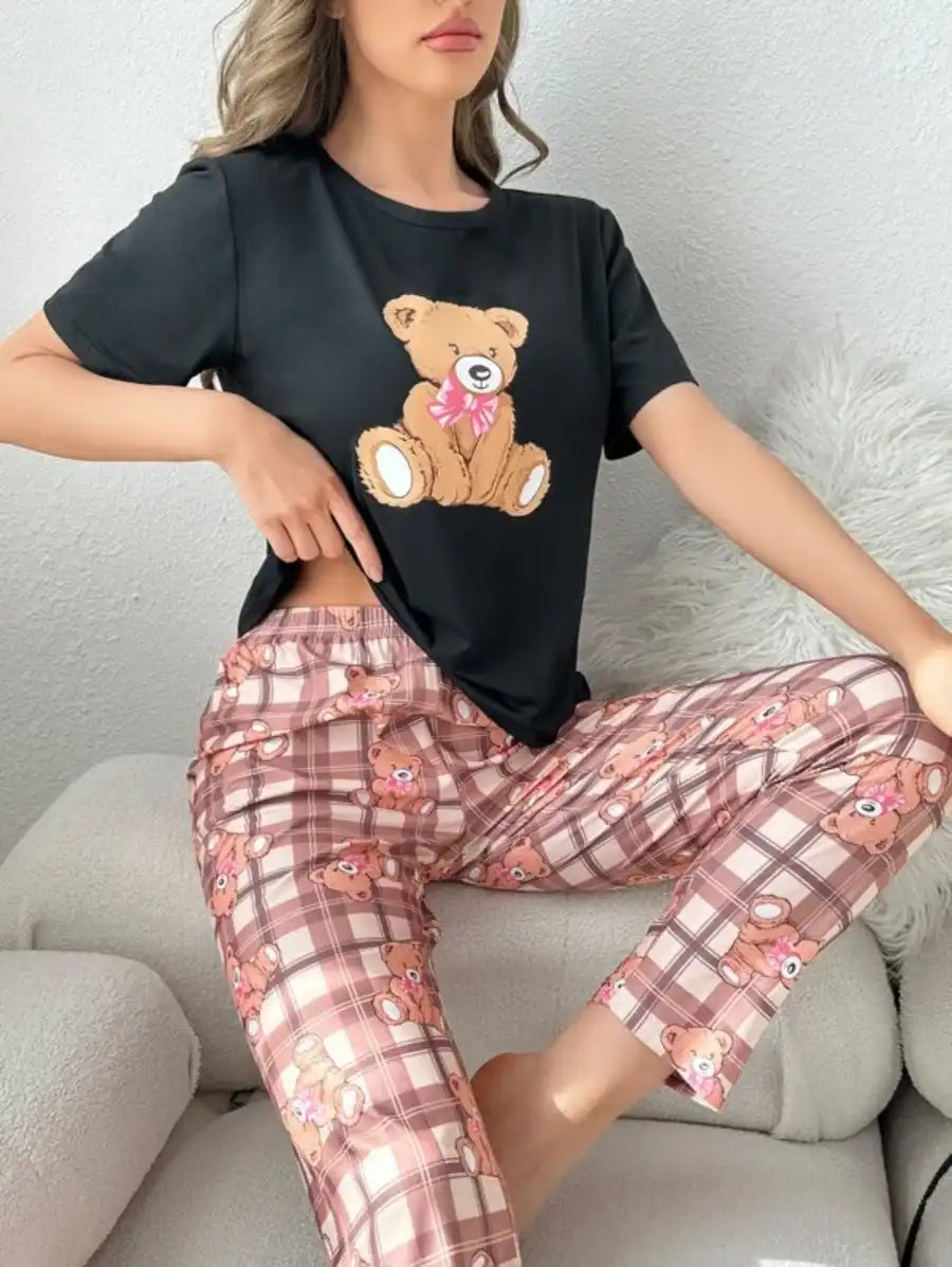 Graphic Tee And Plaid Printed Pants Pajama Set-Soco Hoodie