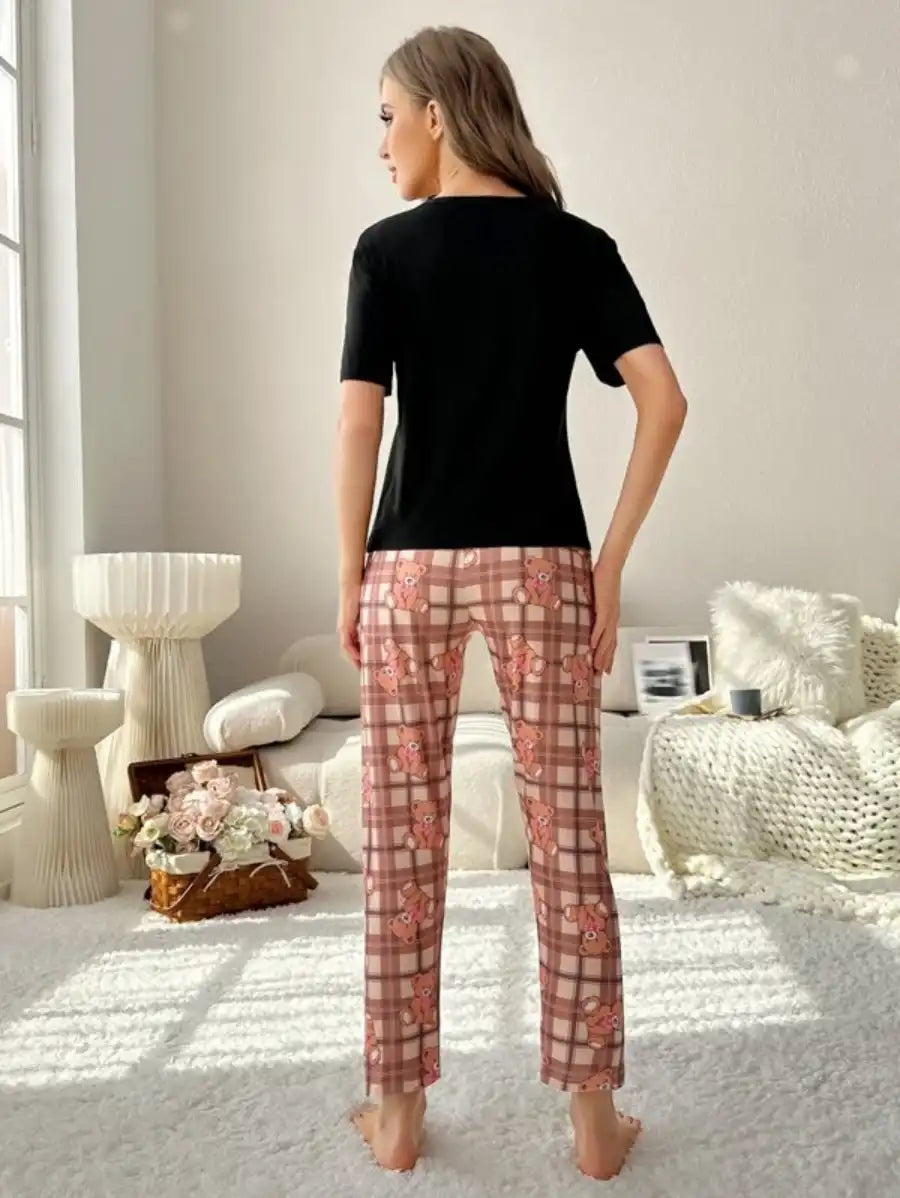 Graphic Tee And Plaid Printed Pants Pajama Set-Soco Hoodie