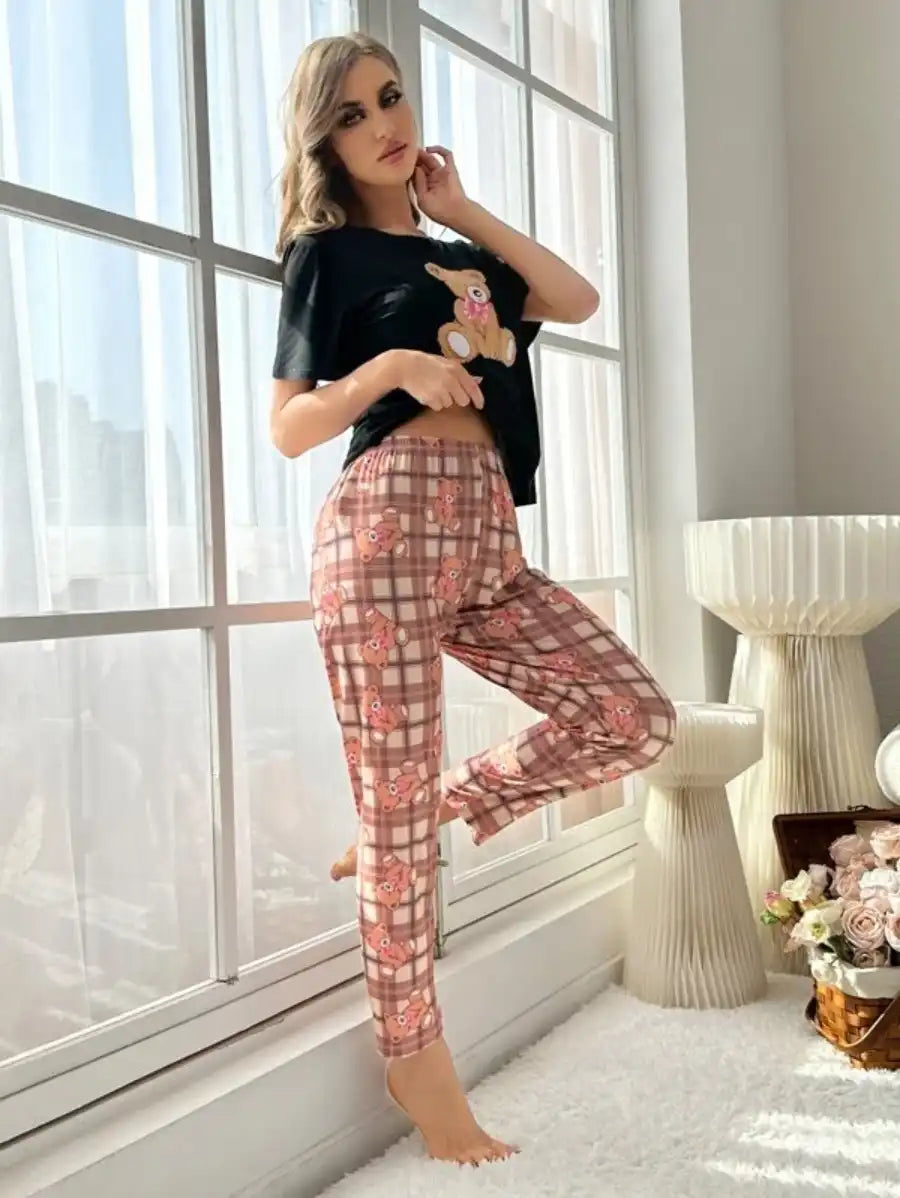 Graphic Tee And Plaid Printed Pants Pajama Set-Soco Hoodie