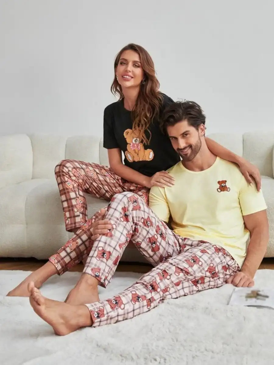 Graphic Tee And Plaid Printed Pants Pajama Set-Soco Hoodie