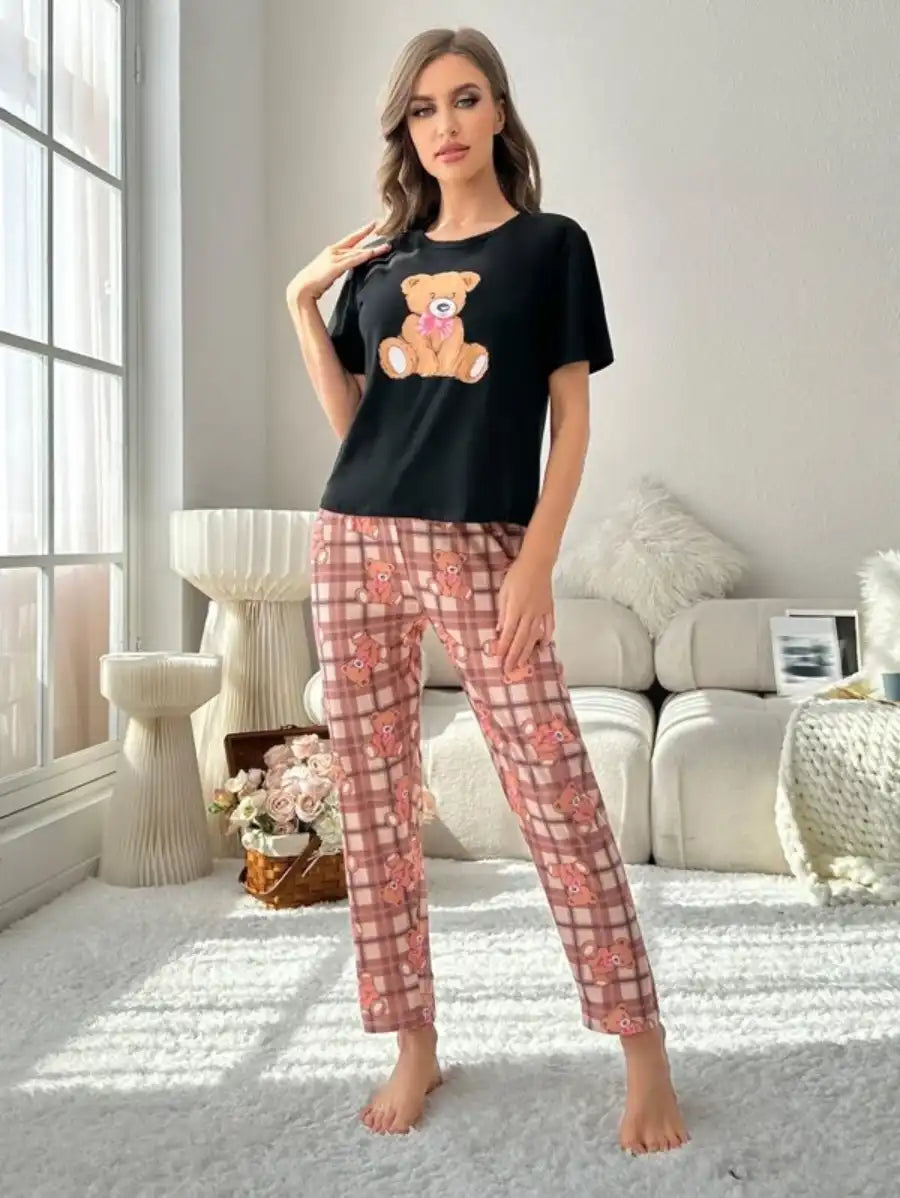Graphic Tee And Plaid Printed Pants Pajama Set-Soco Hoodie