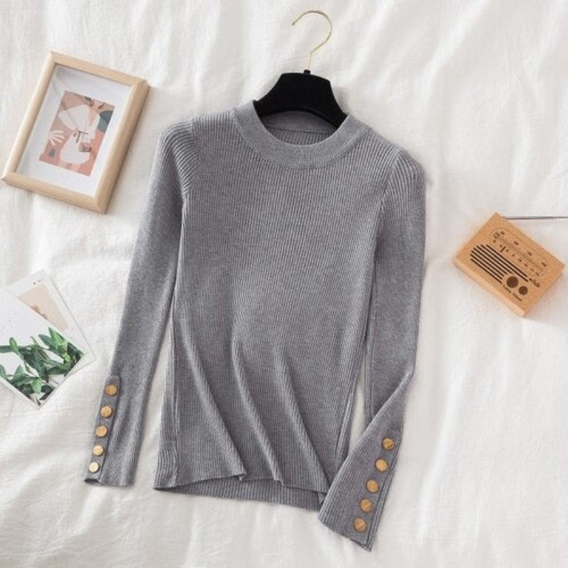 O-Neck Knitted Long Pullover With Buttons For Women-Soco Hoodie