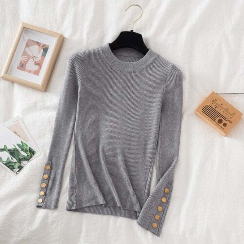 O-Neck Knitted Long Pullover With Buttons For Women-Soco Hoodie