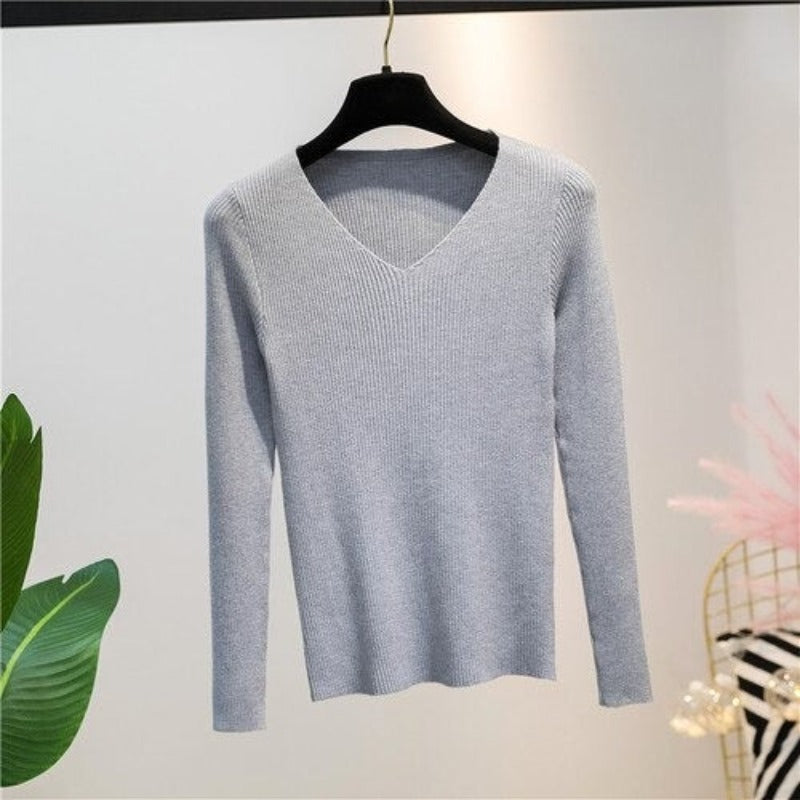 V-Neck Knitted Long-Sleeved Slim Tight Pullover For Women-Soco Hoodie