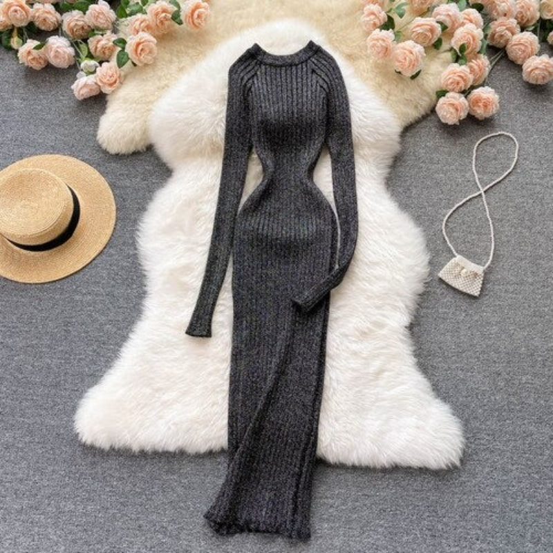 O-Neck Elastic Warm Knitted Sweater Dress-Soco Hoodie