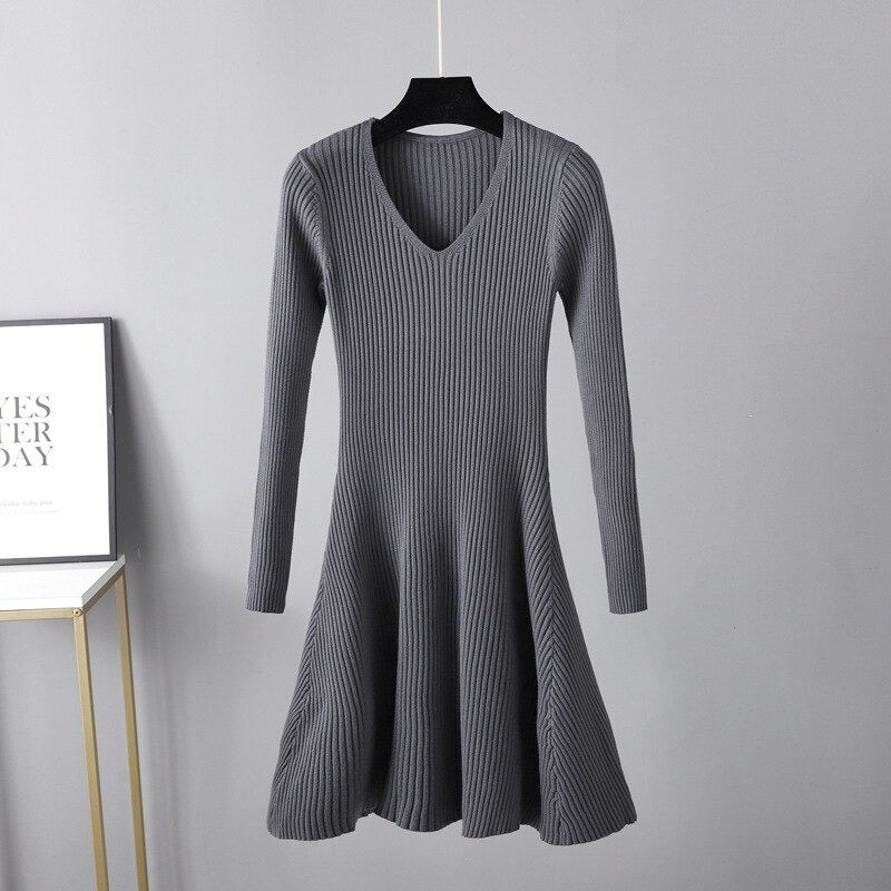 Autumn Oversize V-Neck Knitted Sweater Dress For Women-Soco Hoodie