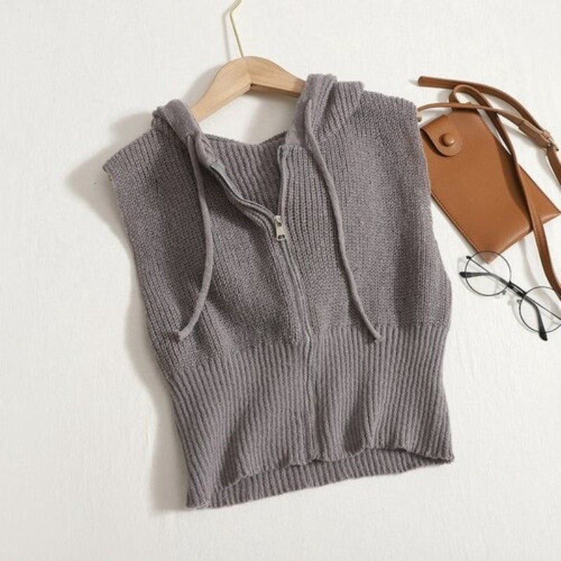 Loose Knitted Hooded Zipper Sweater Vest For Women-Soco Hoodie