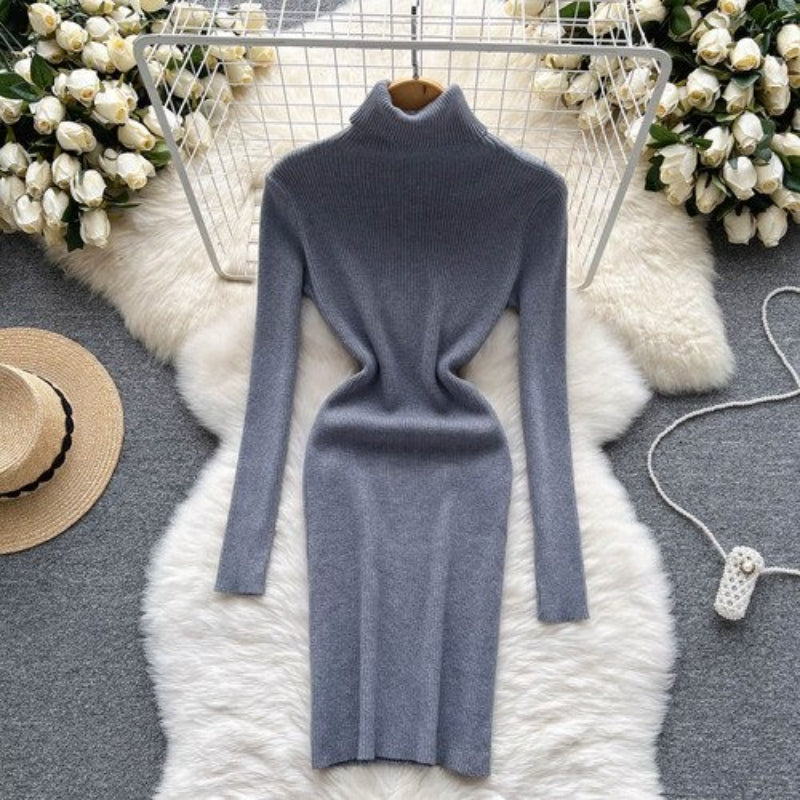 Long Sleeves Turtleneck Sheath Sweater Dress For Women-Soco Hoodie