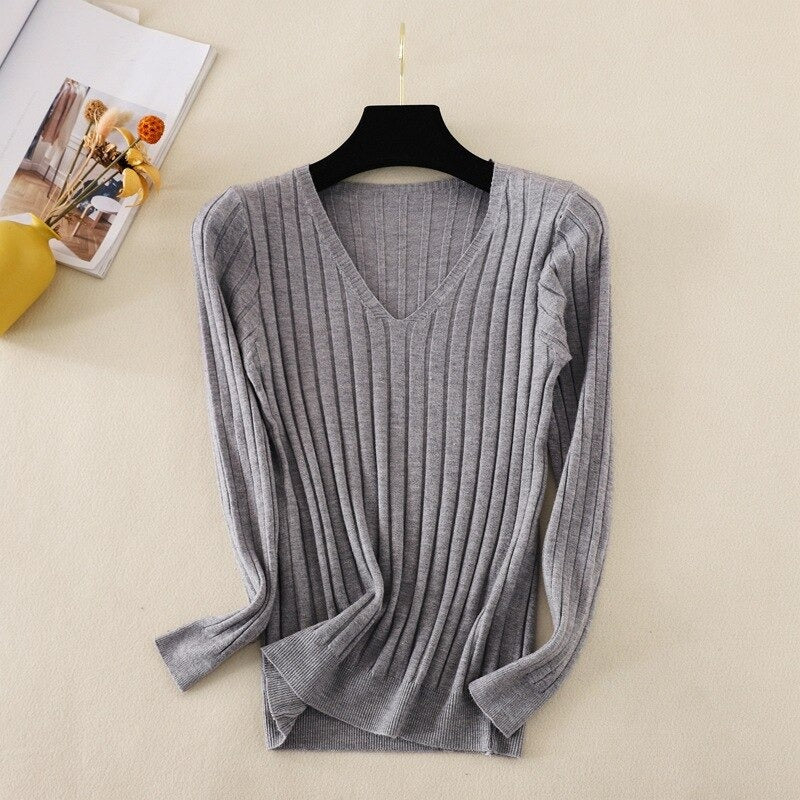 Basic V-Neck Solid Bodycon Knitted Sweater For Women-Soco Hoodie