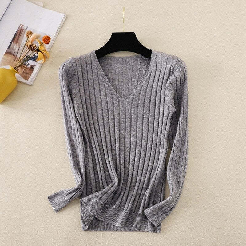 Basic V-Neck Solid Bodycon Knitted Sweater For Women-Soco Hoodie