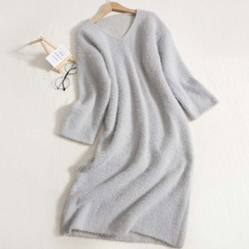 Warm V-Neck Long Bottomed Knitted Sweater Dress For Women-Soco Hoodie