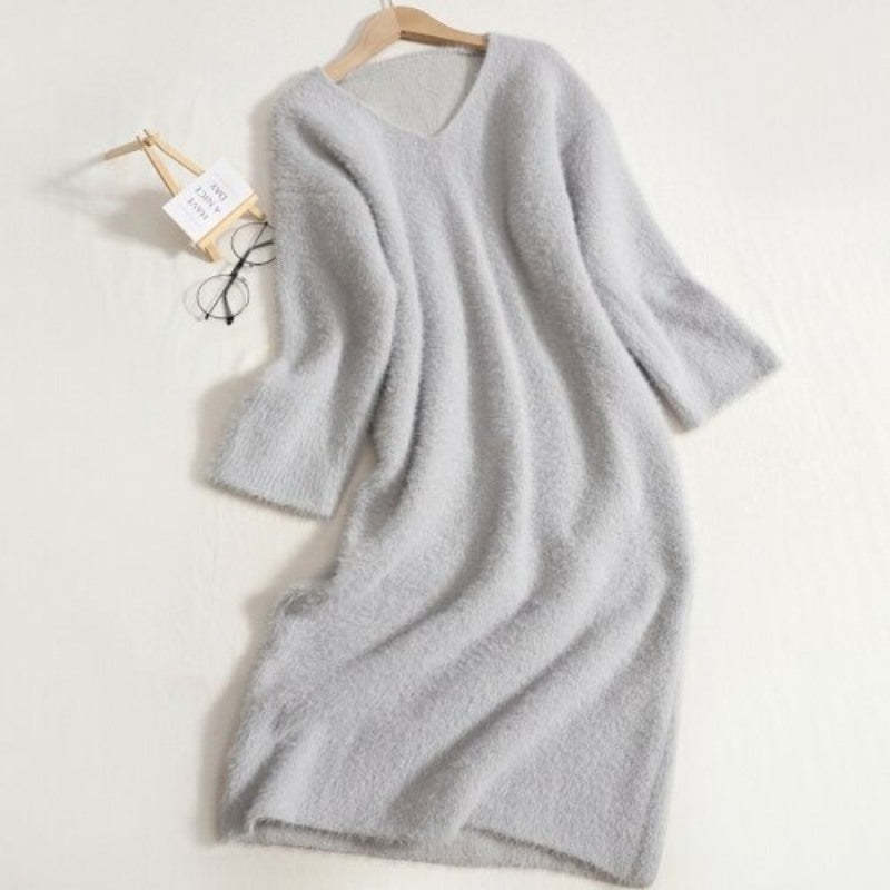 Warm V-Neck Long Bottomed Knitted Sweater Dress For Women-Soco Hoodie