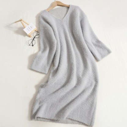 Warm V-Neck Long Bottomed Knitted Sweater Dress For Women-Soco Hoodie