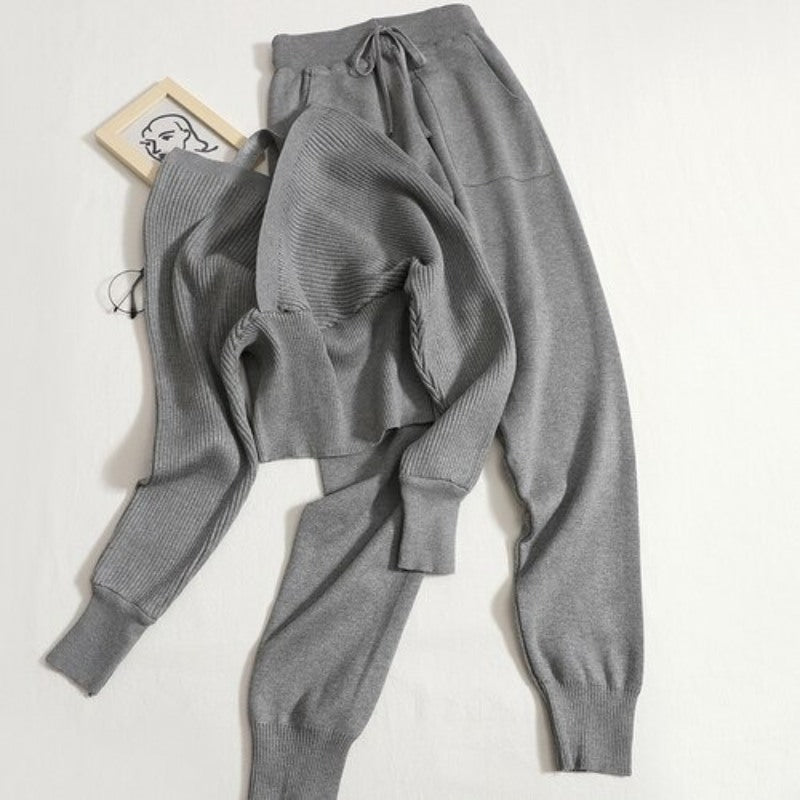 Casual V-Neck Waist Knit Women Sweater Set-Soco Hoodie