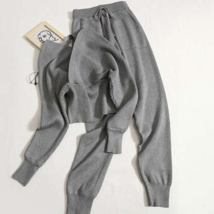 Casual V-Neck Waist Knit Women Sweater Set-Soco Hoodie