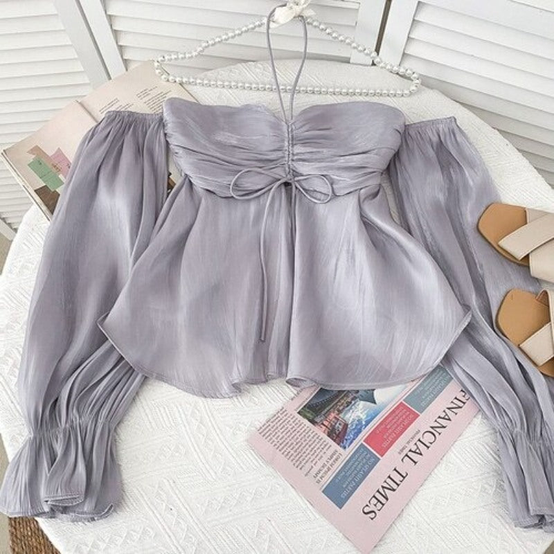 Stylish Pleated Drawstring Lace Off-Shoulder Shirt Blouses For Women-Soco Hoodie