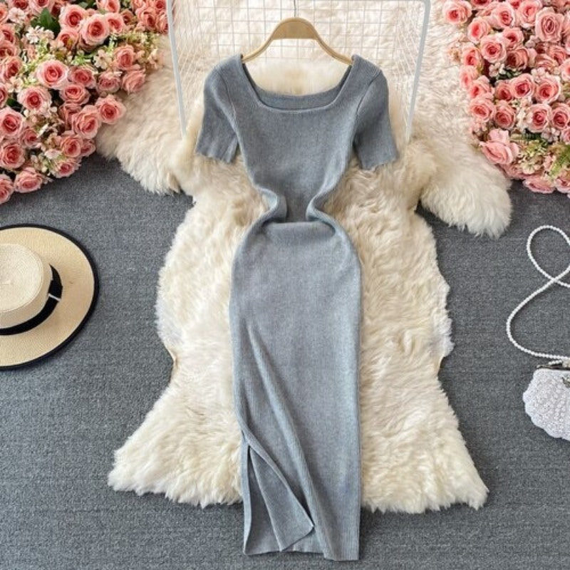 Retro Slit Slim Knitted Short Sleeve Dress For Women-Soco Hoodie