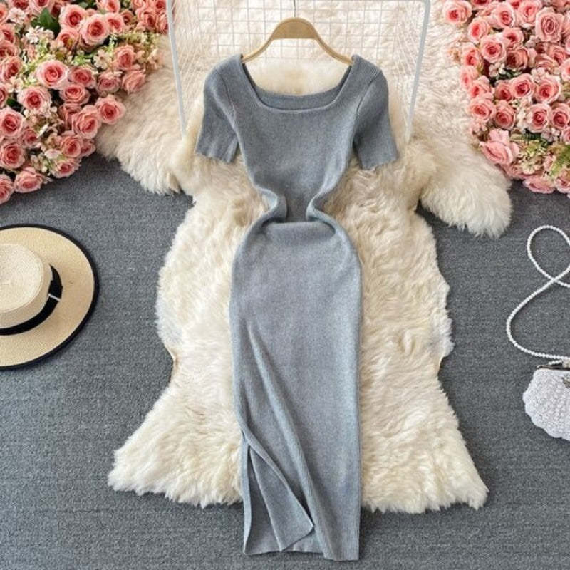 Retro Slit Slim Knitted Short Sleeve Dress For Women-Soco Hoodie