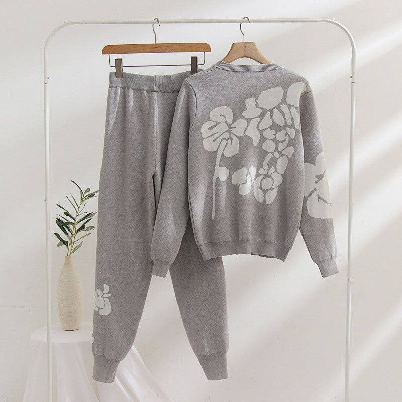 Casual Flower Printed Knitted Two-Piece Set For Women-Soco Hoodie