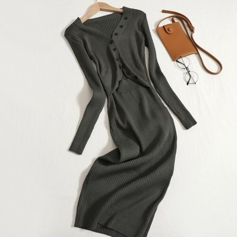 Elegant Hollow Out V-neck Long Sweater Dress For Women-Soco Hoodie