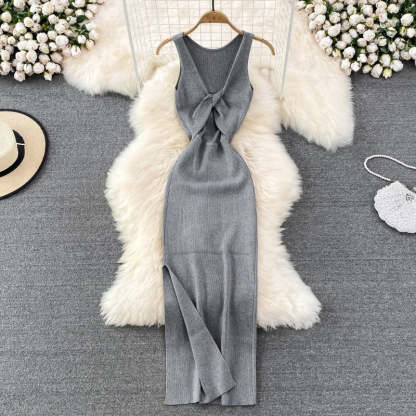 Casual Split Knitted Hollow Sleeveless Dress For Women-Soco Hoodie