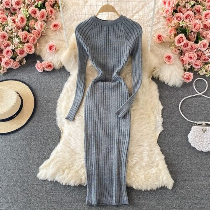 Bright Silk Elegant Knitted Long Sleeve Dress For Women-Soco Hoodie