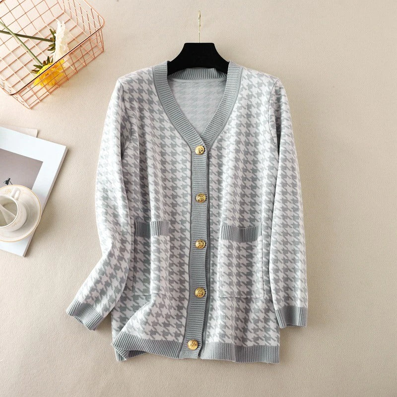 Elegant Houndstooth Knit Oversized Cardigan For Women-Soco Hoodie