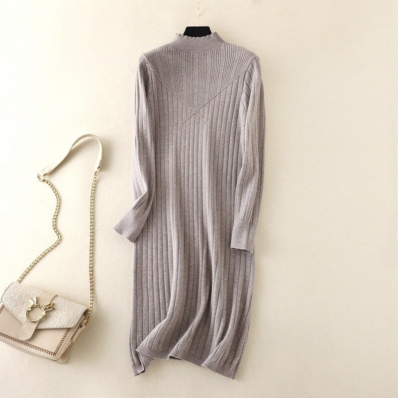 A-Line Mock Neck Knitted Sweater Dress-Soco Hoodie
