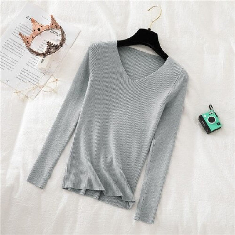 V-Neck Long-Sleeved Woolen Knitted Pullover For Women-Soco Hoodie