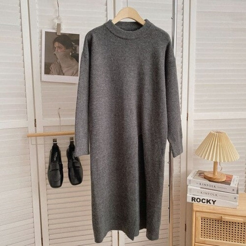 Women's Slitted Long-Sleeve Knitted Sweater Dress-Soco Hoodie