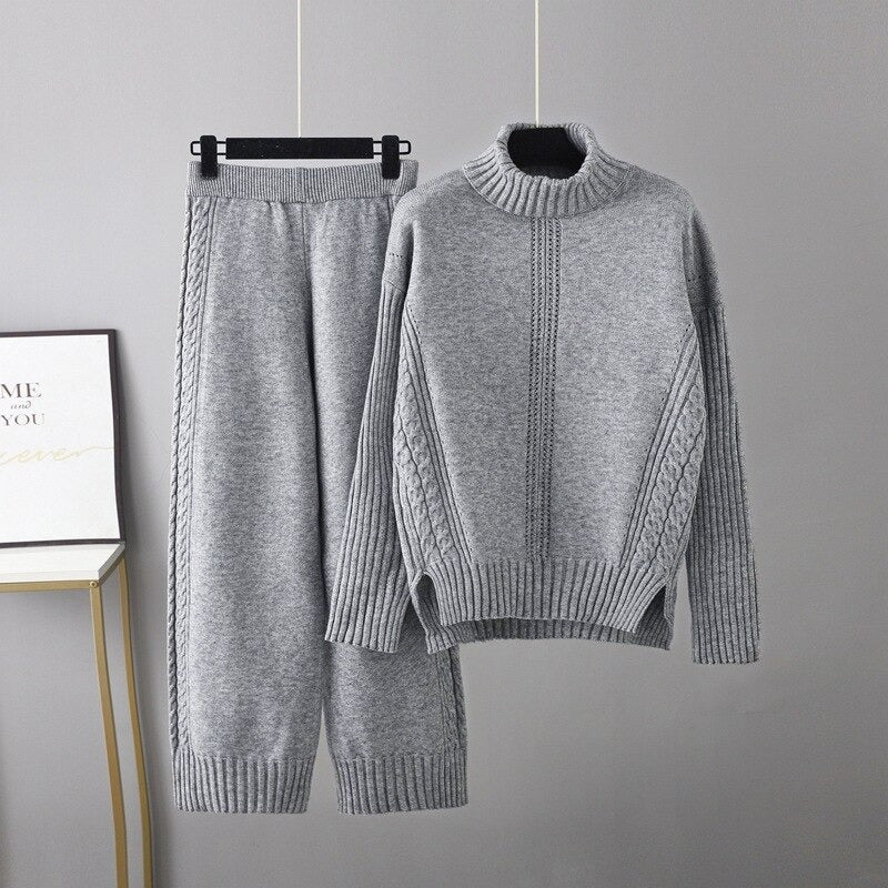 Turtleneck Thickened Knitted Sweater And Pants For Women-Soco Hoodie