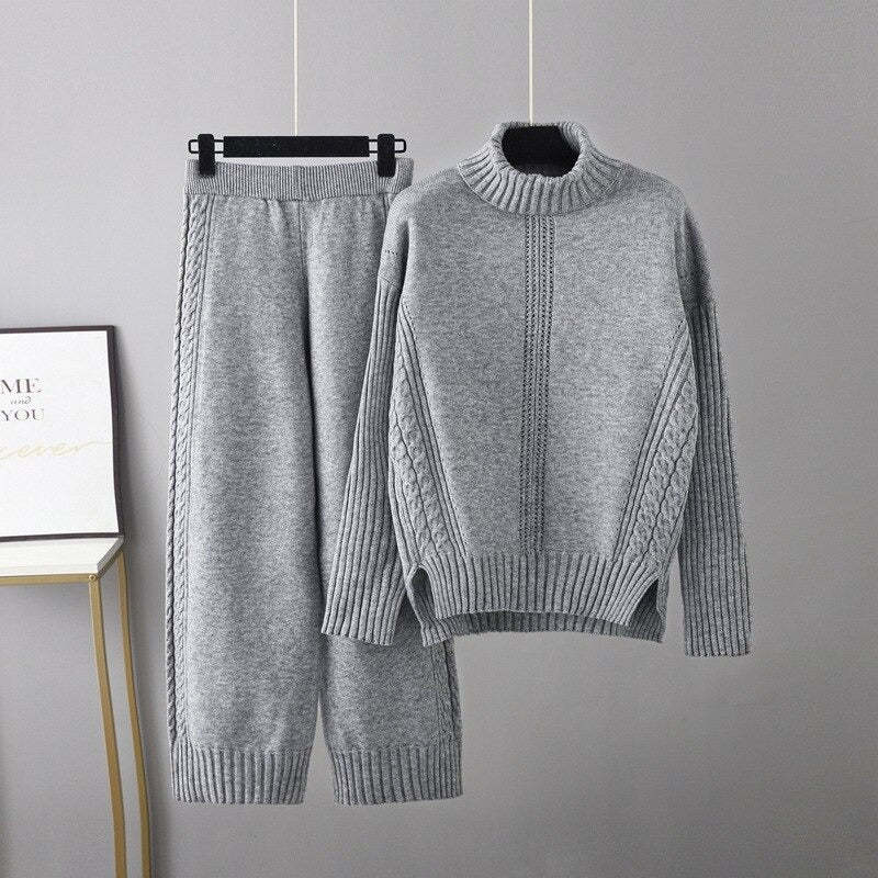 Turtleneck Thickened Knitted Sweater And Pants For Women-Soco Hoodie