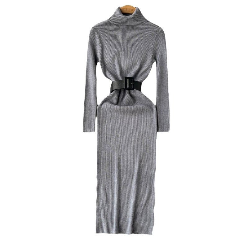 Long Turtleneck A-Line Knitted Bodycon Dress With Belt-Soco Hoodie
