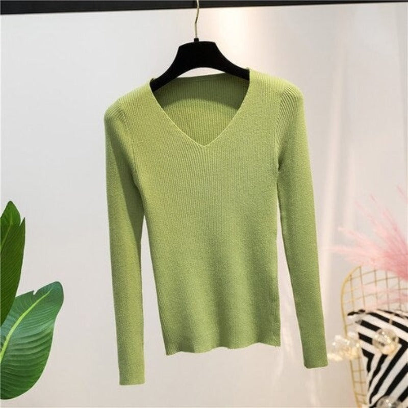 V-Neck Knitted Long-Sleeved Slim Tight Pullover For Women-Soco Hoodie