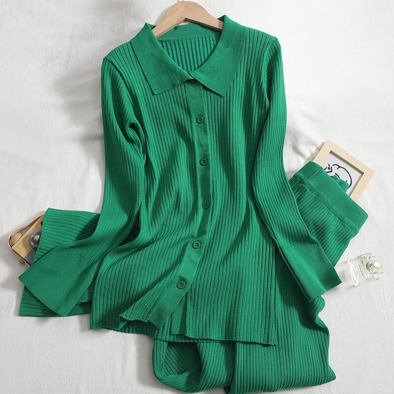 Knitted Two Piece Cardigan Shirt And Pants For Women-Soco Hoodie