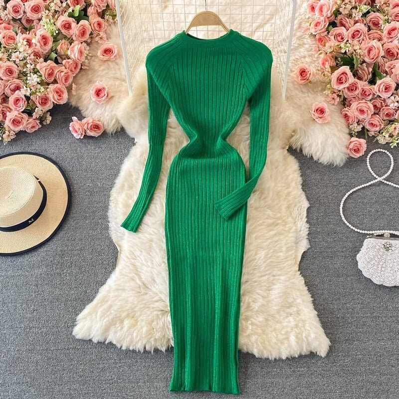 Bright Silk Elegant Knitted Long Sleeve Dress For Women-Soco Hoodie