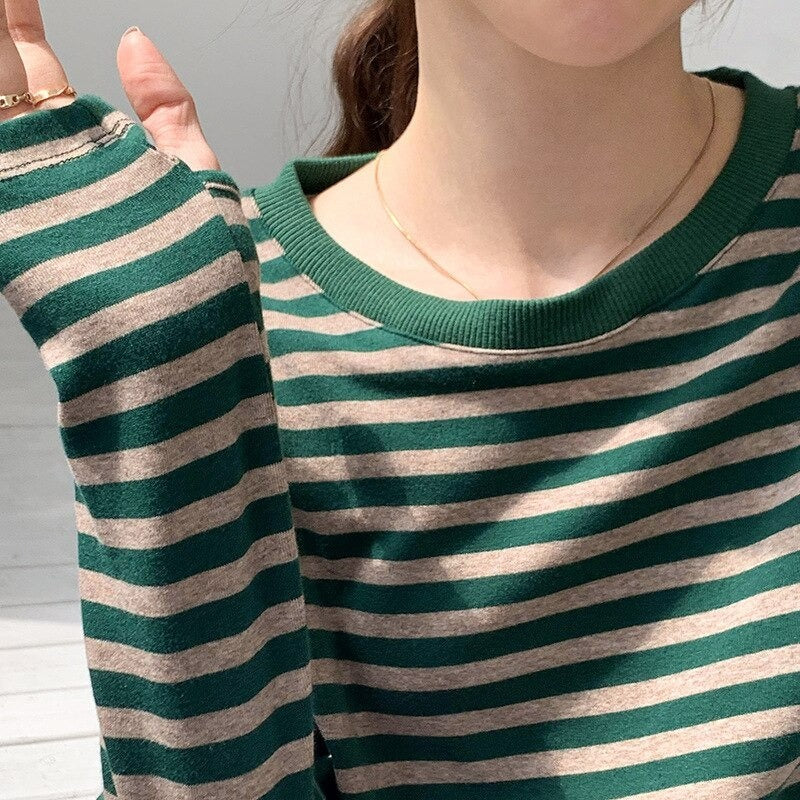 Casual Thick Stripes Knitted Cotton T-Shirts For Women-Soco Hoodie