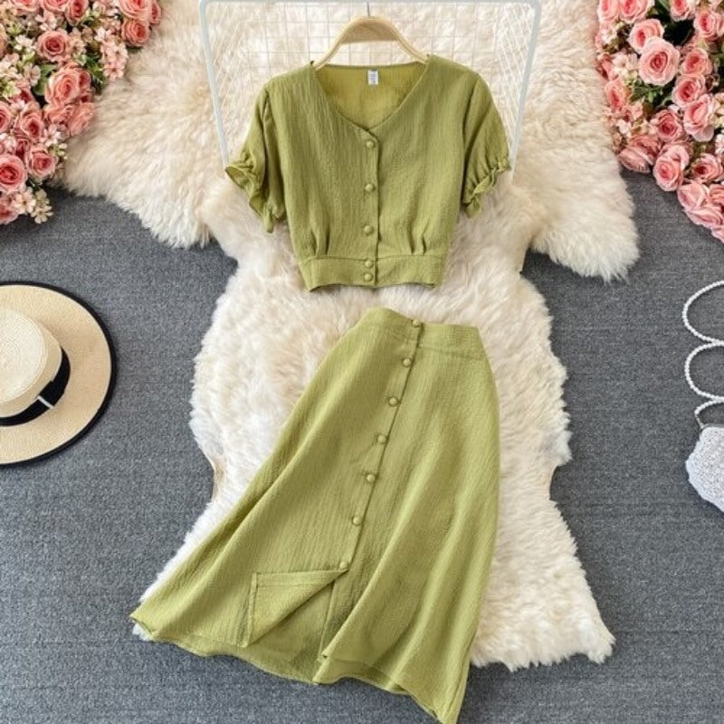 Retro Elegant Puff Sleeve Short Top With Skirt For Women-Soco Hoodie