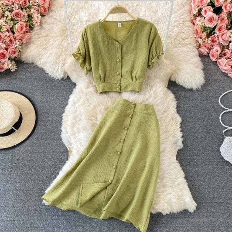 Retro Elegant Puff Sleeve Short Top With Skirt For Women-Soco Hoodie