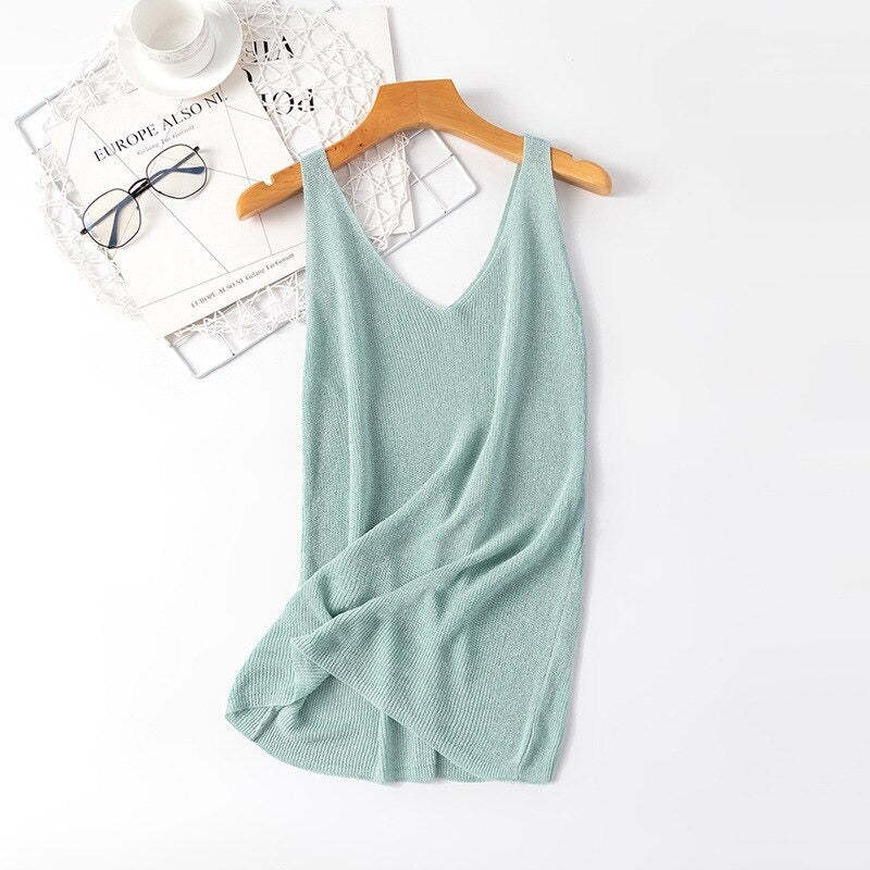 V-Neck Loose Bright Knitted Camisole Tanks For Women-Soco Hoodie