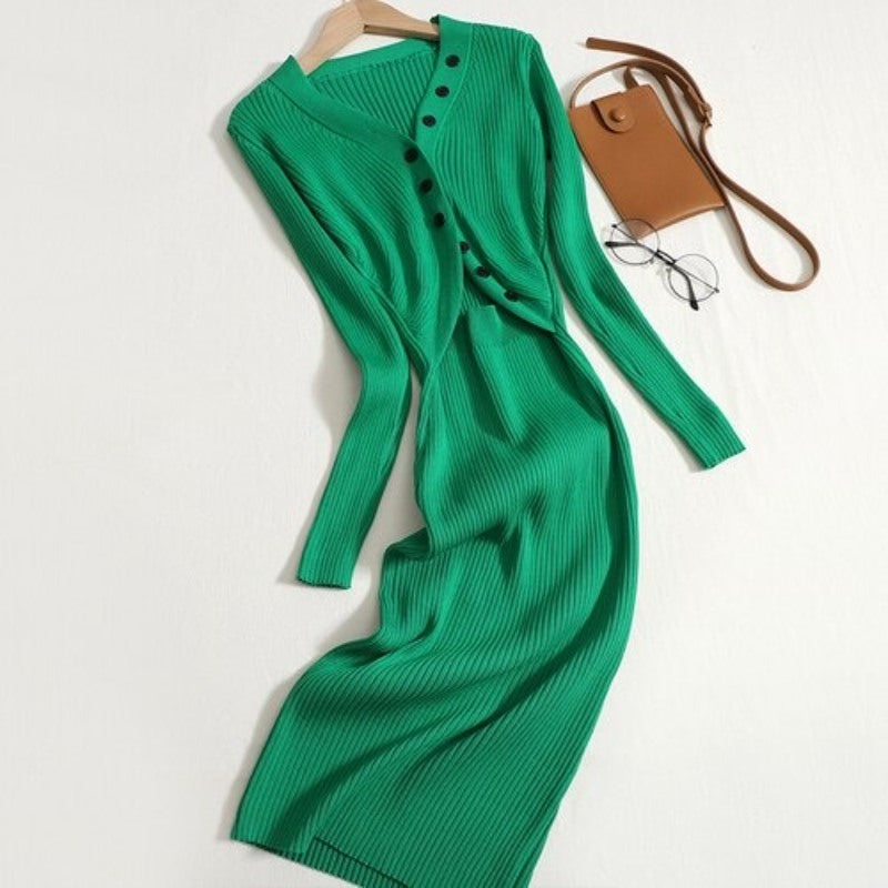 Elegant Hollow Out V-neck Long Sweater Dress For Women-Soco Hoodie