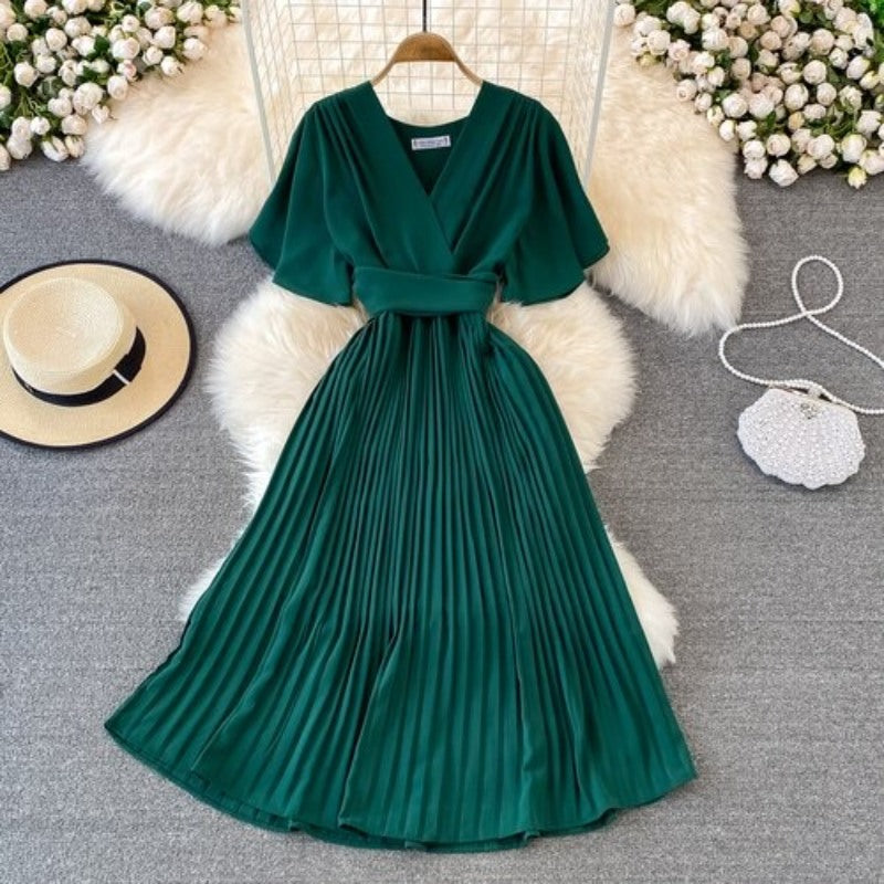 Elegant Solid Color V-neck Short Sleeve Dress For Women-Soco Hoodie