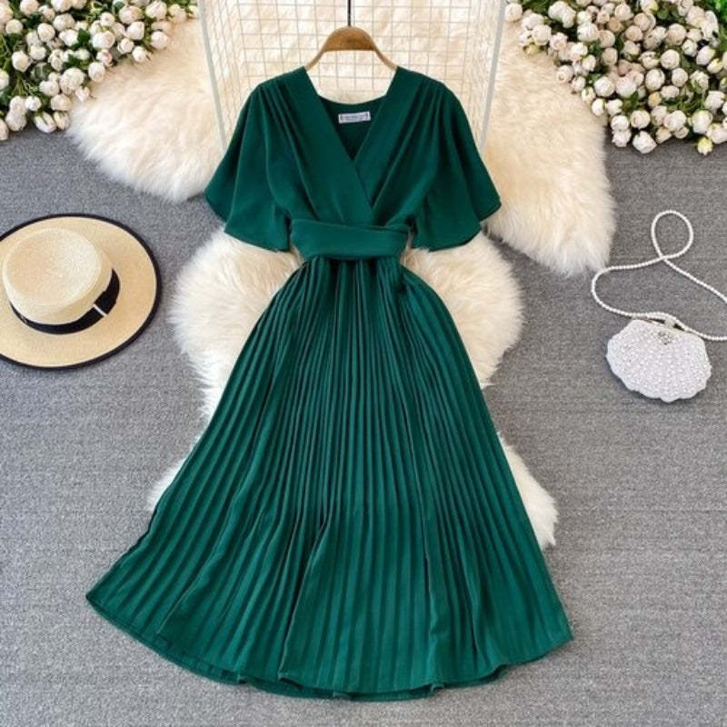 Elegant Solid Color V-neck Short Sleeve Dress For Women-Soco Hoodie