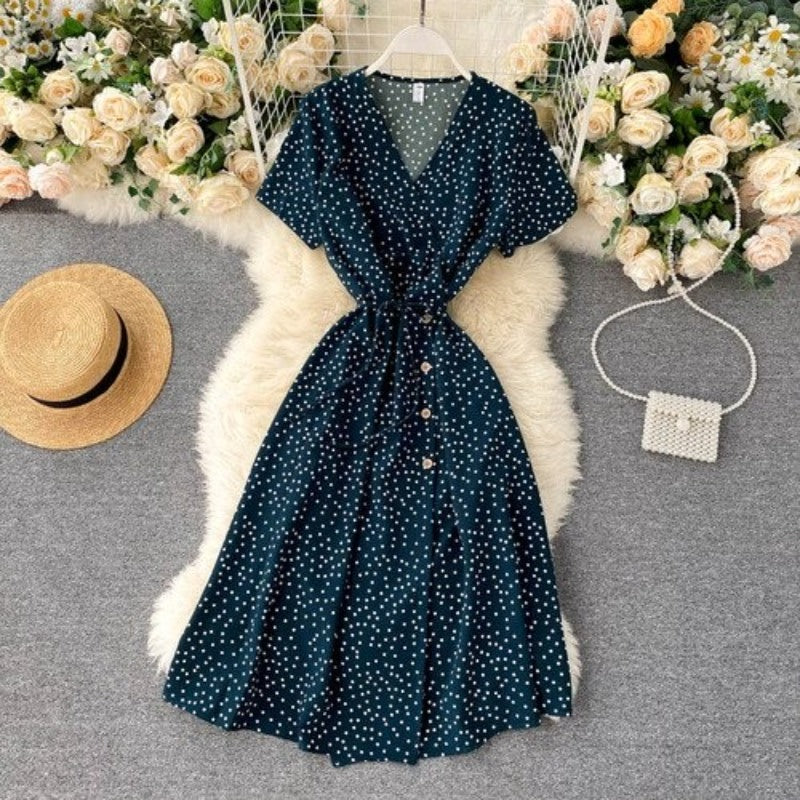 Korean V-neck Polka Dot Shorts Sleeve Dress For Women-Soco Hoodie