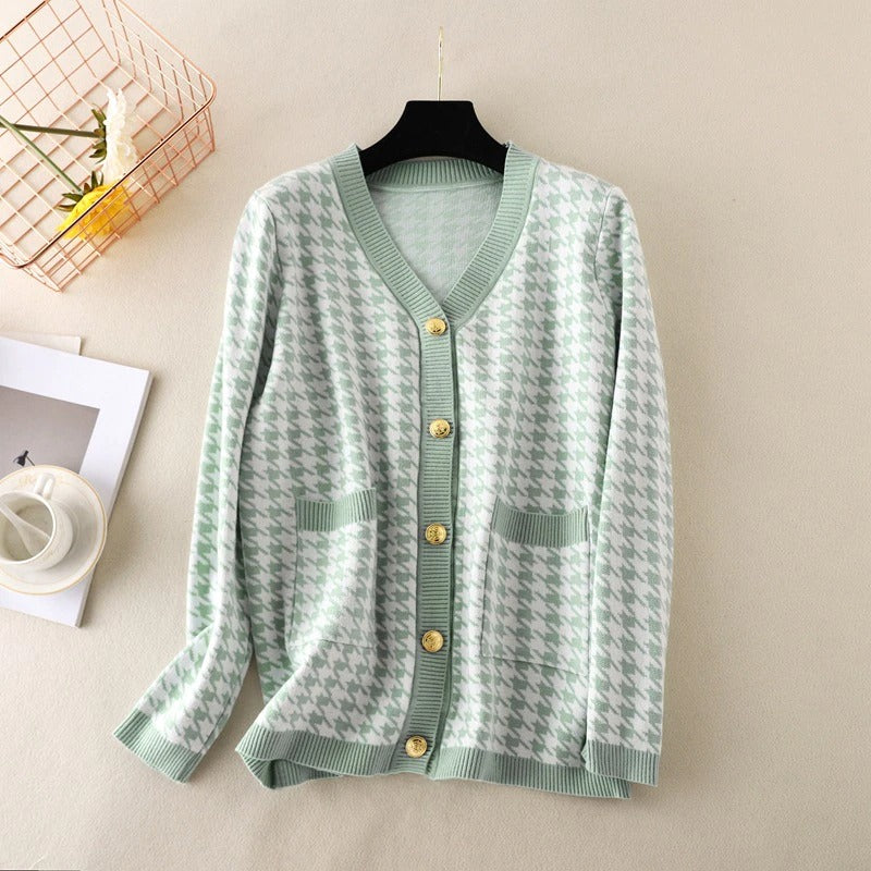 Elegant Houndstooth Knit Oversized Cardigan For Women-Soco Hoodie