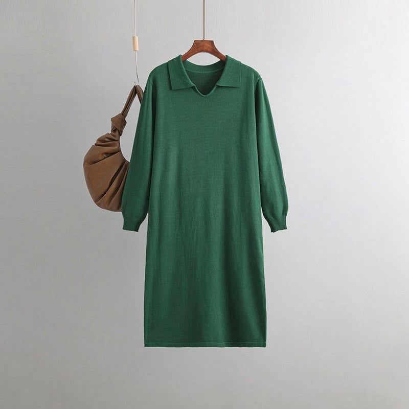 Polo Neck Loose Oversized Knitted Sweater Dress-Soco Hoodie